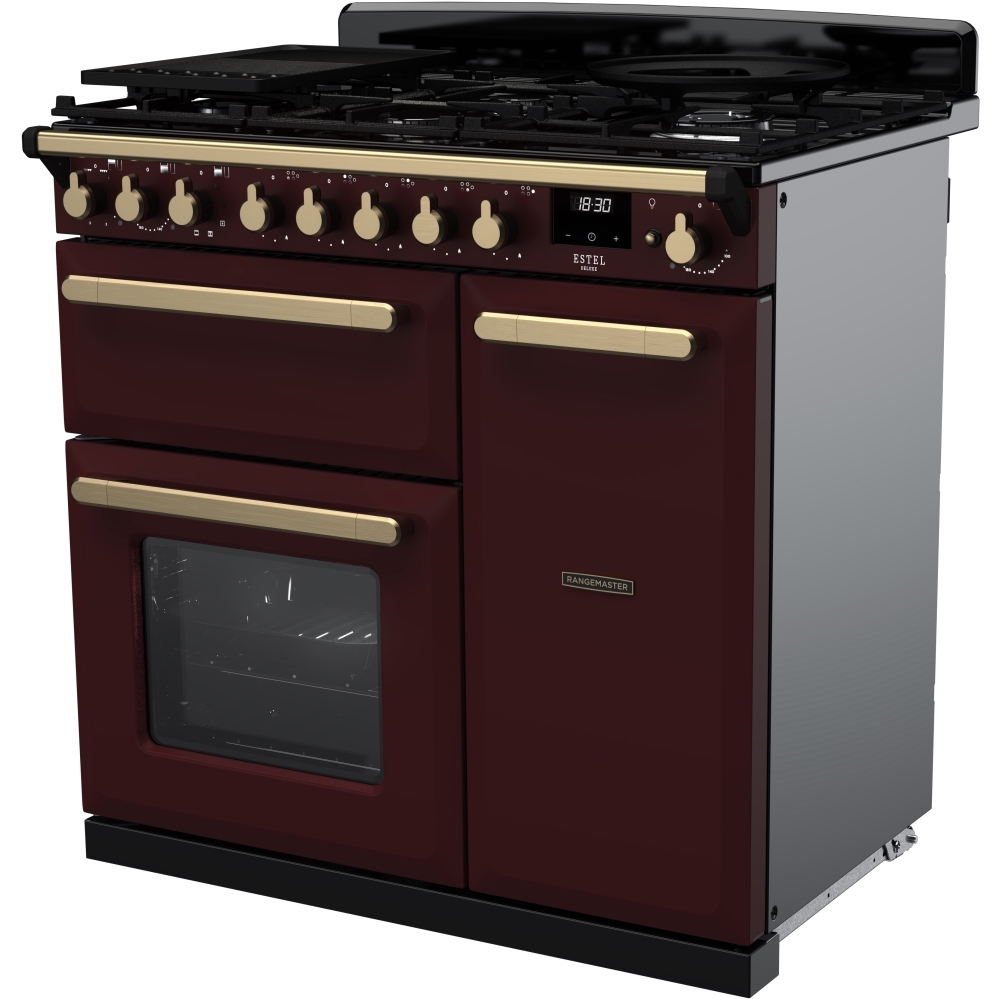 Rangemaster ESDL90DFPBOR/AB1 90cm Dual Fuel Range Cooker Estel Deluxe Bordeaux / Antique Brass, A Rated