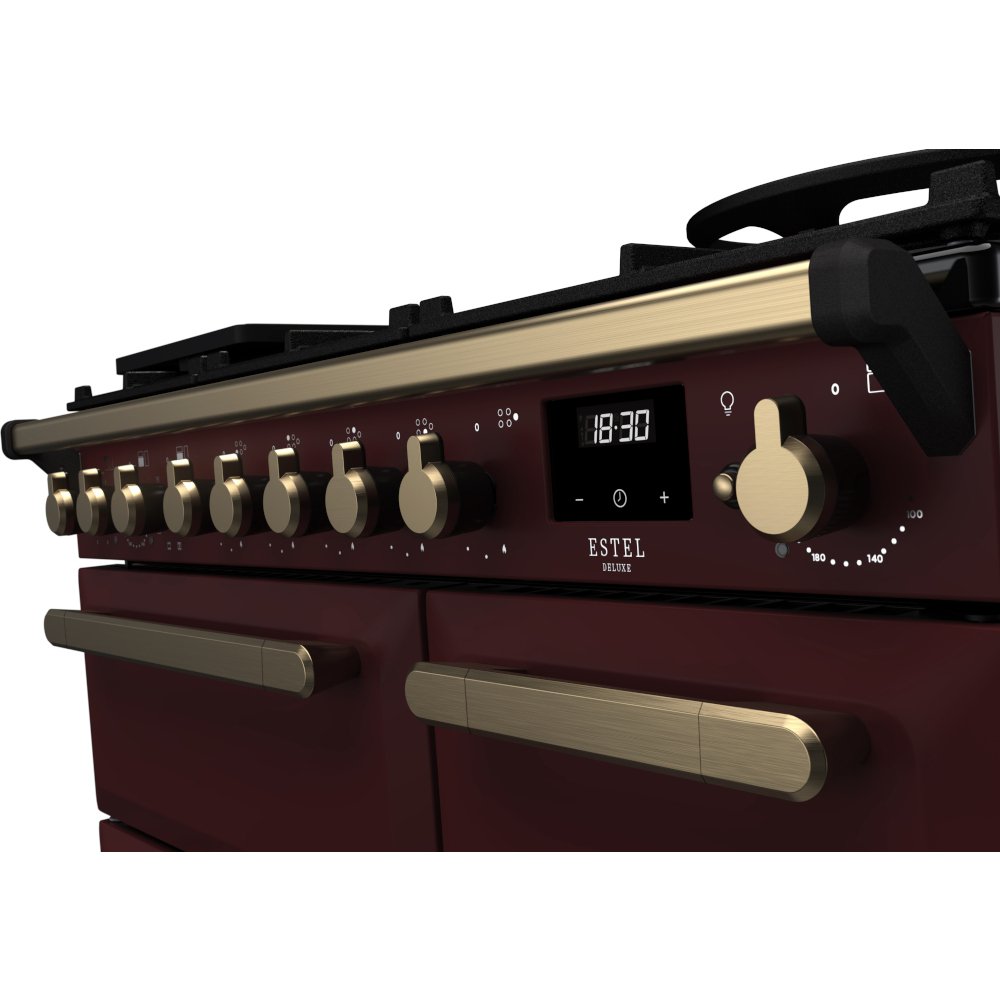 Rangemaster ESDL90DFPBOR/AB1 90cm Dual Fuel Range Cooker Estel Deluxe Bordeaux / Antique Brass, A Rated