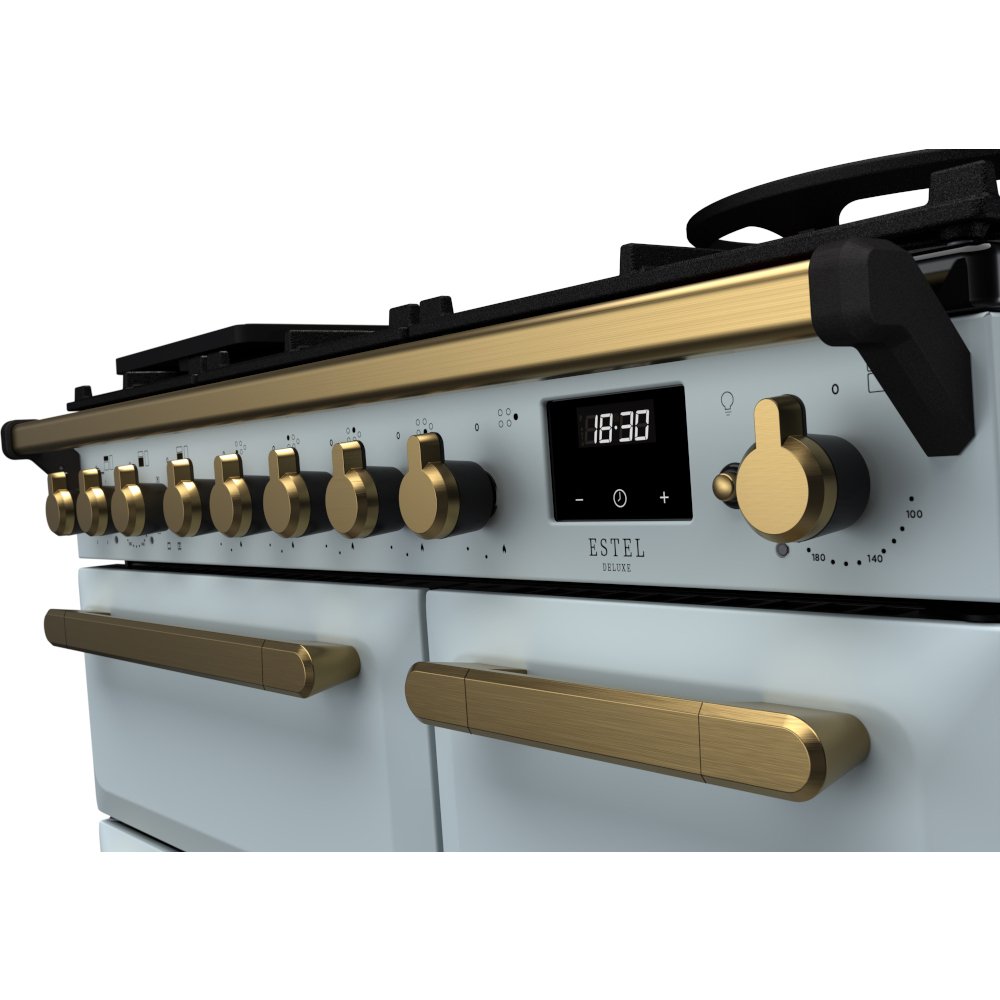 Rangemaster ESDL90DFPMSB/AB1 90cm Dual Fuel Range Cooker Estel Deluxe Misty Blue / Antique Brass, A Rated