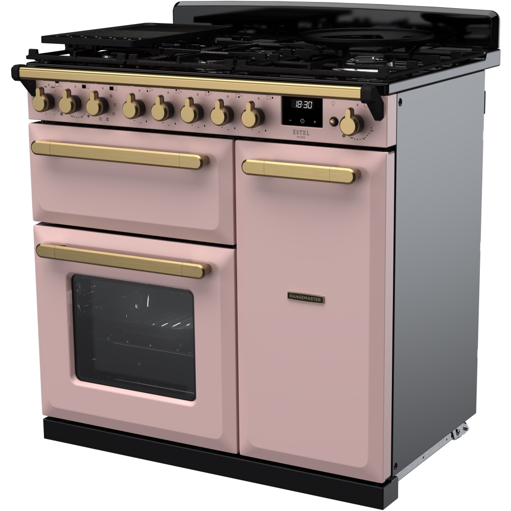 Rangemaster ESDL90DFPPPK/AB1 90cm Dual Fuel Range Cooker Estel Deluxe Pale Pink / Antique Brass, A Rated