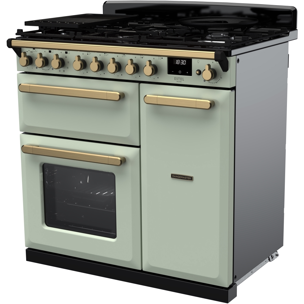 Rangemaster ESDL90DFPMNT/AB1 90cm Dual Fuel Range Cooker Estel Deluxe Mint / Antique Brass, A Rated