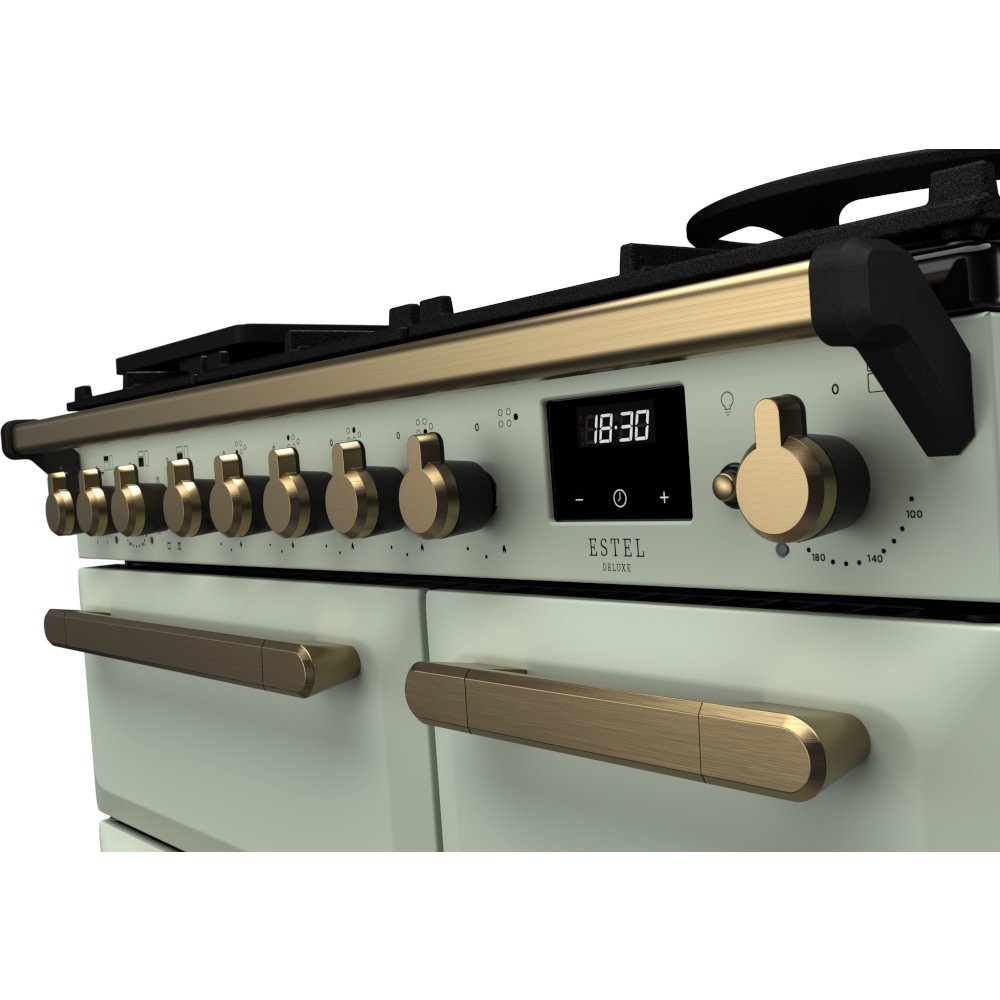Rangemaster ESDL90DFPMNT/AB1 90cm Dual Fuel Range Cooker Estel Deluxe Mint / Antique Brass, A Rated