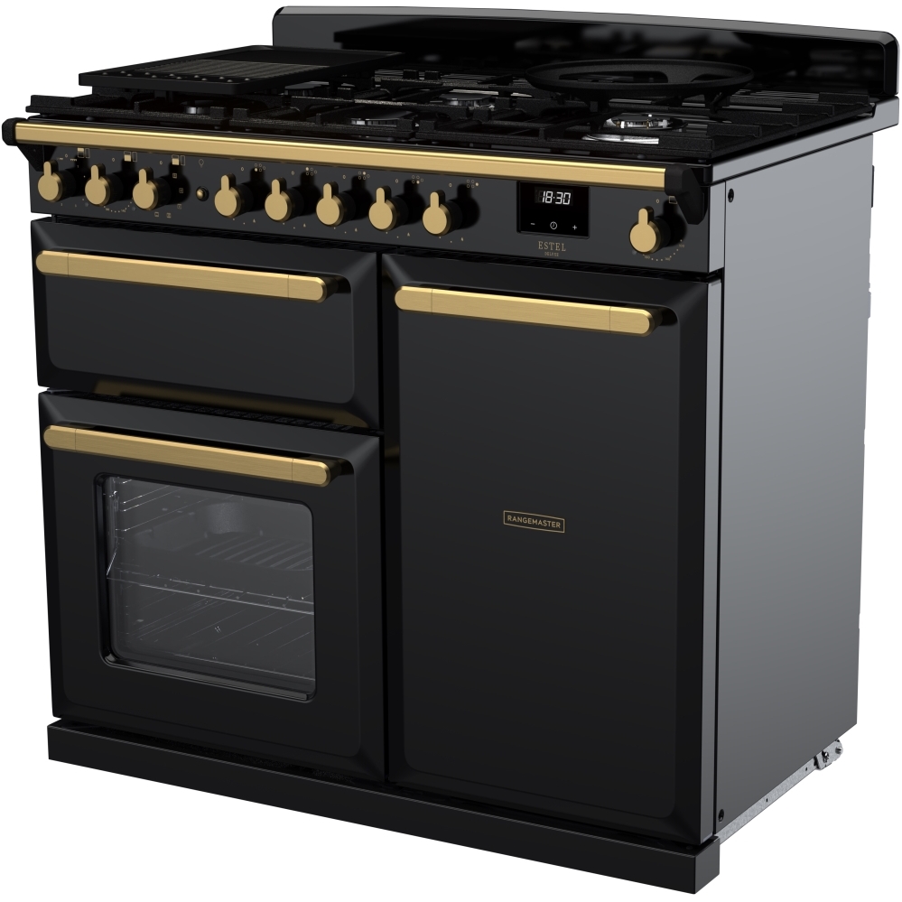Rangemaster ESDL100DFPGBL/AB1 100cm Dual Fuel Range Cooker Estel Deluxe Black / Antique Brass, A Rated