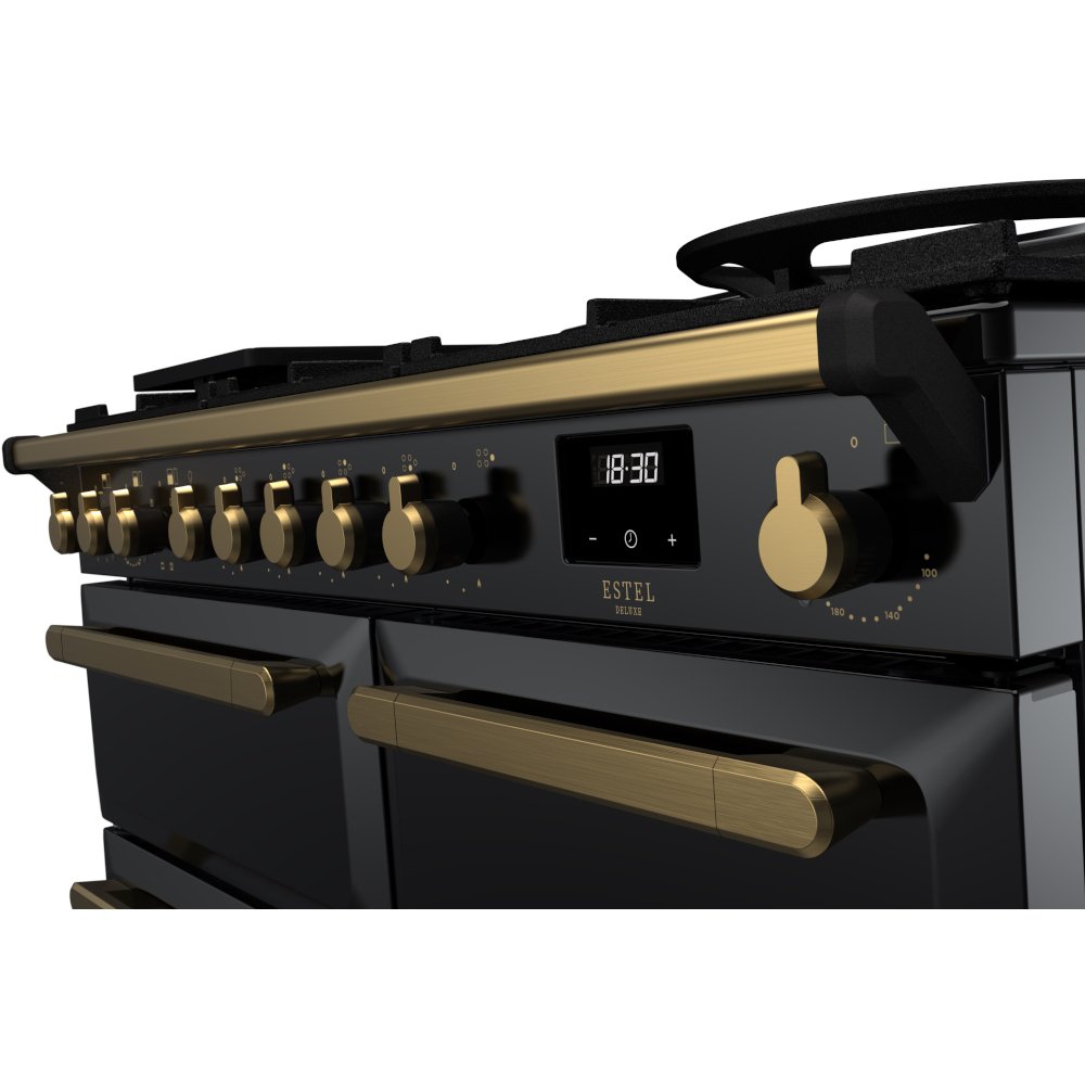 Rangemaster ESDL100DFPGBL/AB1 100cm Dual Fuel Range Cooker Estel Deluxe Black / Antique Brass, A Rated