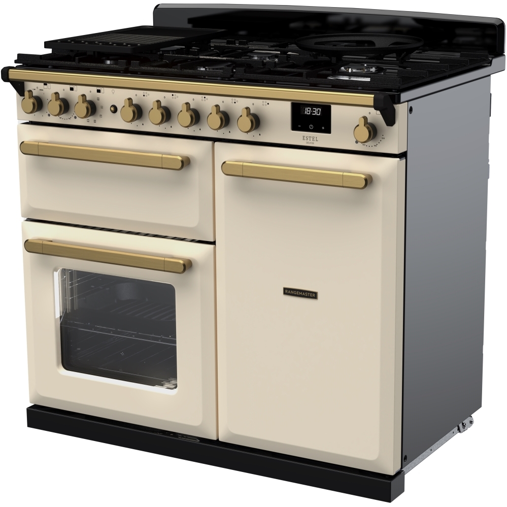 Rangemaster ESDL100DFPPCR/AB1 100cm Dual Fuel Range Cooker Estel Deluxe Pale Cream / Antique Brass, A Rated