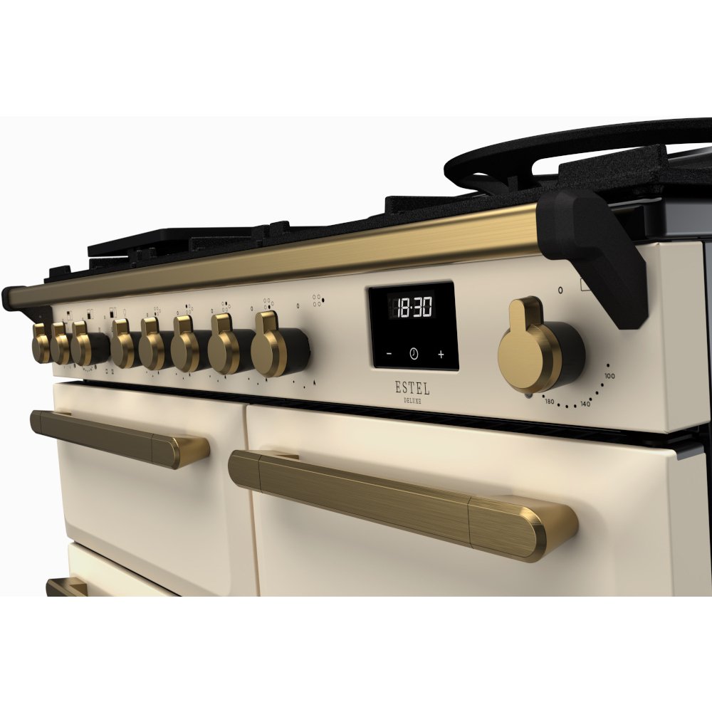 Rangemaster ESDL100DFPPCR/AB1 100cm Dual Fuel Range Cooker Estel Deluxe Pale Cream / Antique Brass, A Rated