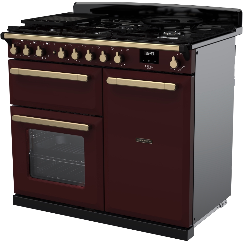 Rangemaster ESDL100DFPBOR/AB1 100cm Dual Fuel Range Cooker Estel Deluxe Bordeaux / Antique Brass, A Rated
