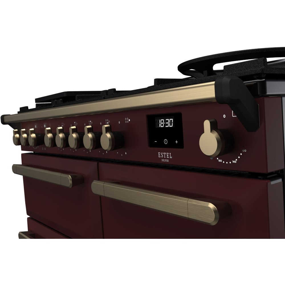Rangemaster ESDL100DFPBOR/AB1 100cm Dual Fuel Range Cooker Estel Deluxe Bordeaux / Antique Brass, A Rated