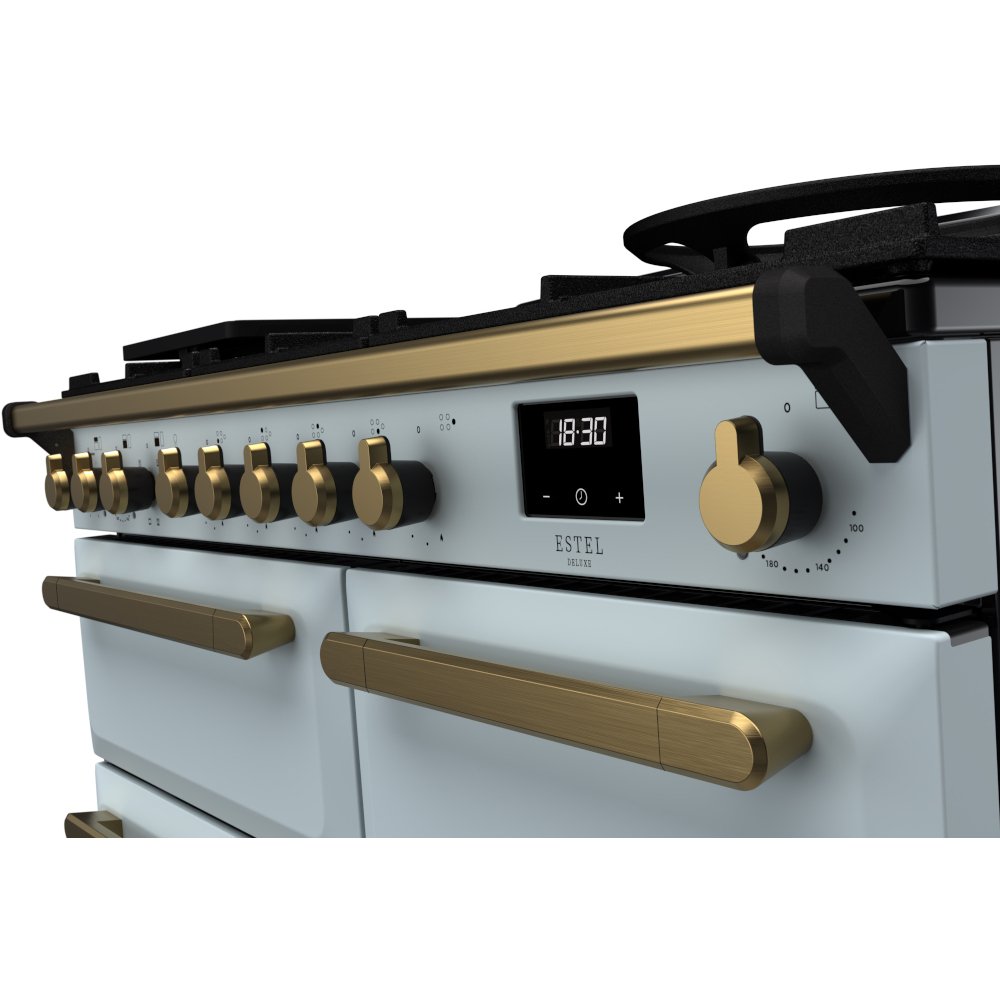 Rangemaster ESDL100DFPMSB/AB1 100cm Dual Fuel Range Cooker Estel Deluxe Misty Blue / Antique Brass, A Rated