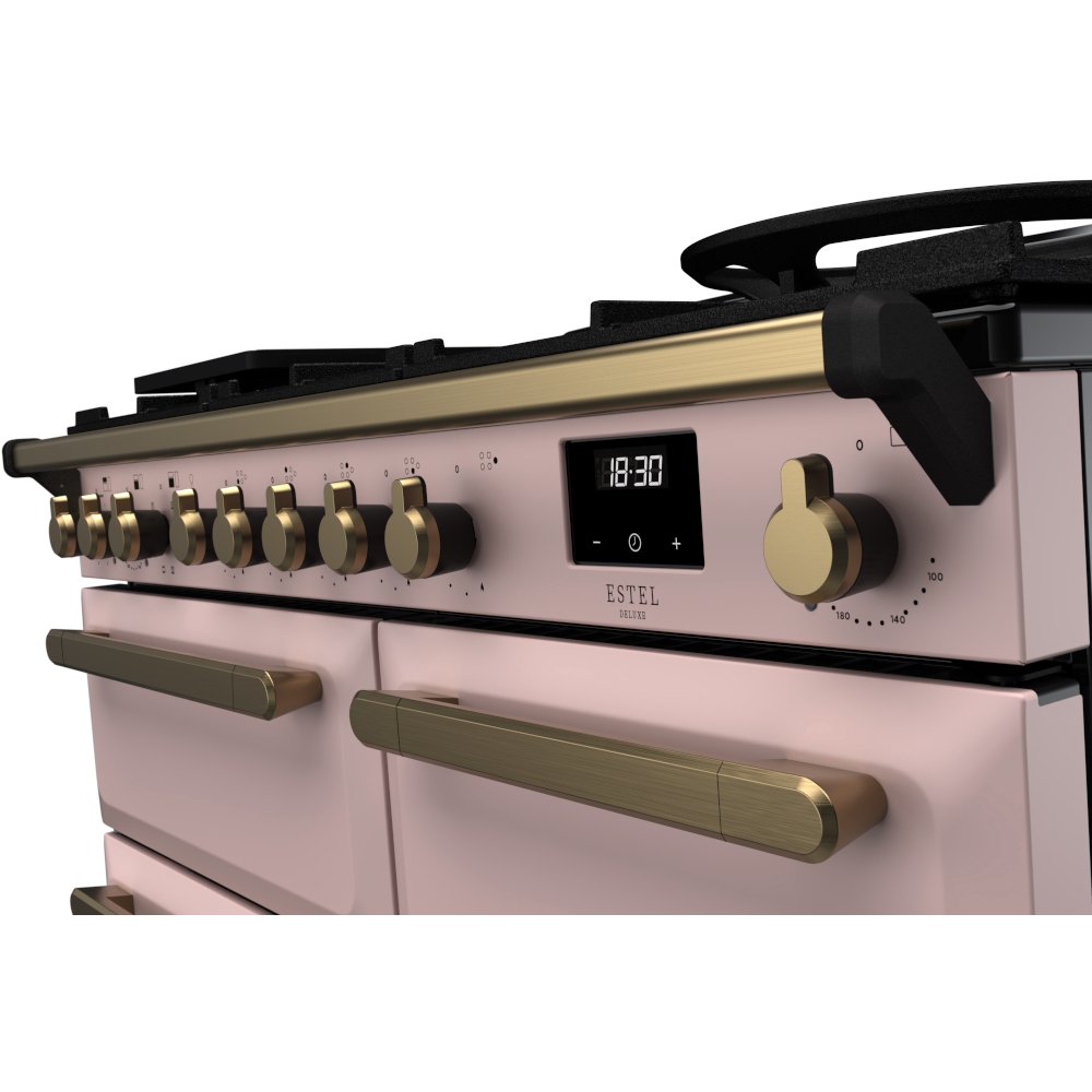 Rangemaster ESDL100DFPPPK/AB1 100cm Dual Fuel Range Cooker Estel Deluxe Pale Pink / Antique Brass, A Rated