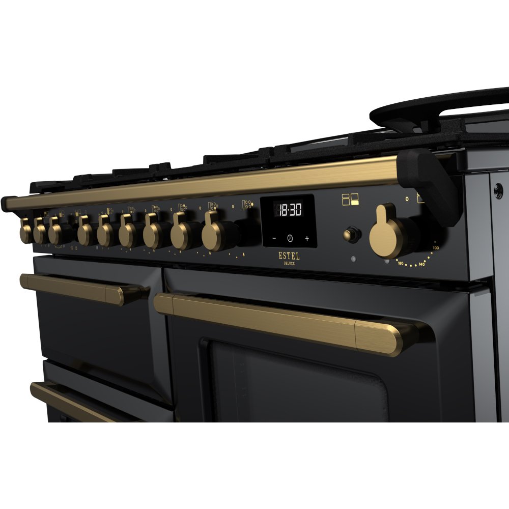 Rangemaster ESDLO110DFPGBL/AB1 110cm Dual Fuel Range Cooker Estel Deluxe Black / Antique Brass, A Rated