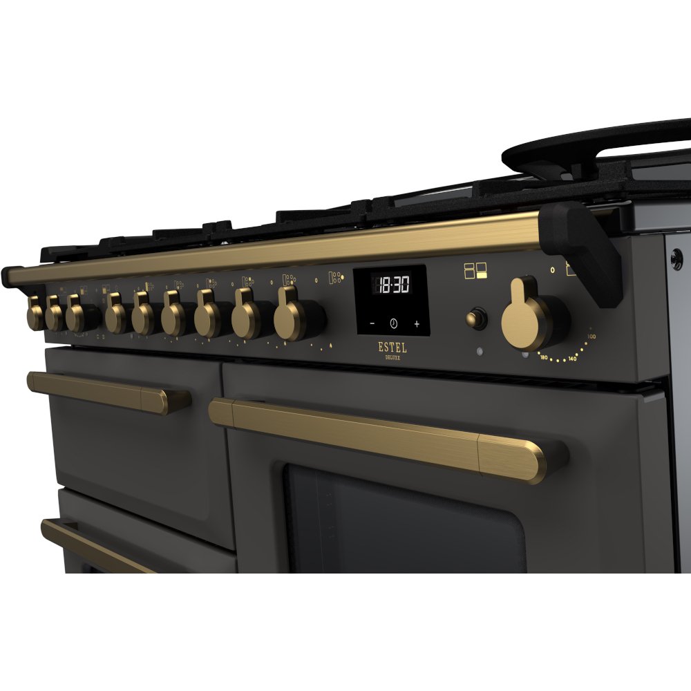 Rangemaster ESDLO110DFPSLT/AB1 110cm Dual Fuel Range Cooker Estel Deluxe Slate / Antique Brass, A Rated