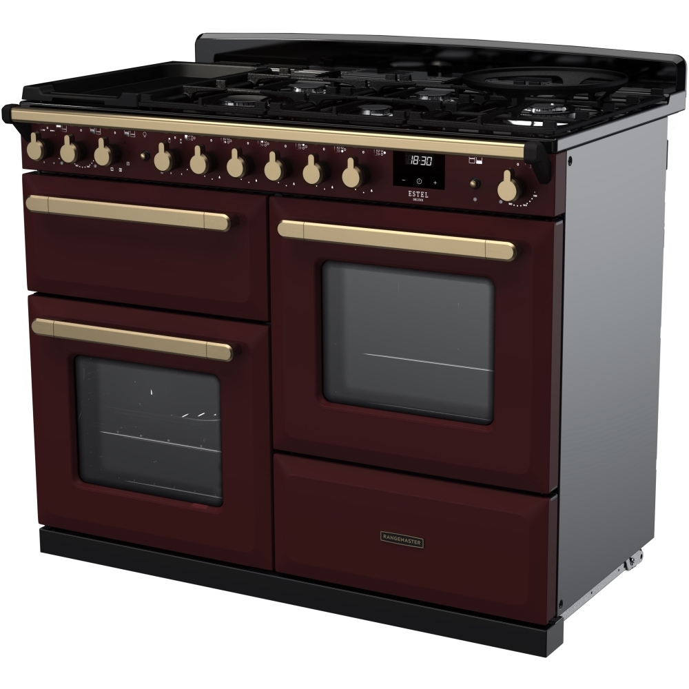 Rangemaster ESDLO110DFPBOR/AB1 110cm Dual Fuel Range Cooker Estel Deluxe Bordeaux / Antique Brass, A Rated