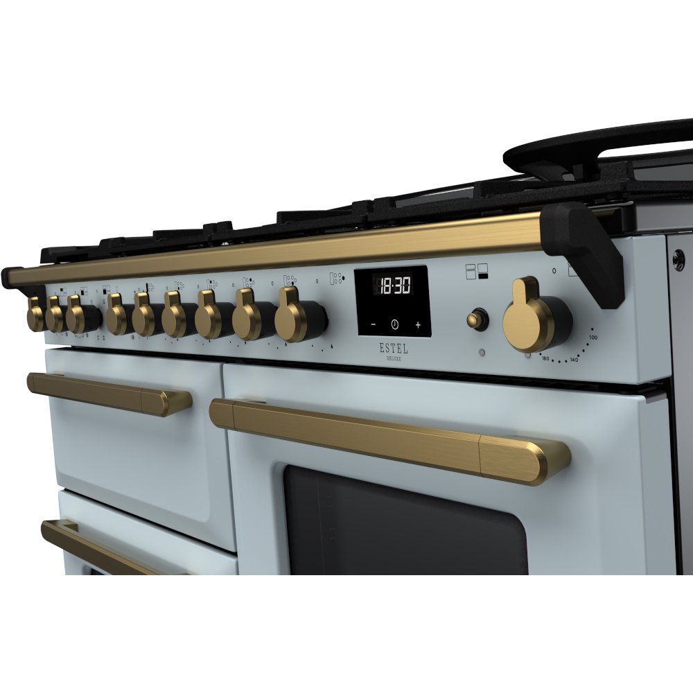 Rangemaster ESDLO110DFPMSB/AB1 110cm Dual Fuel Range Cooker Estel Deluxe Misty Blue / Antique Brass, A Rated