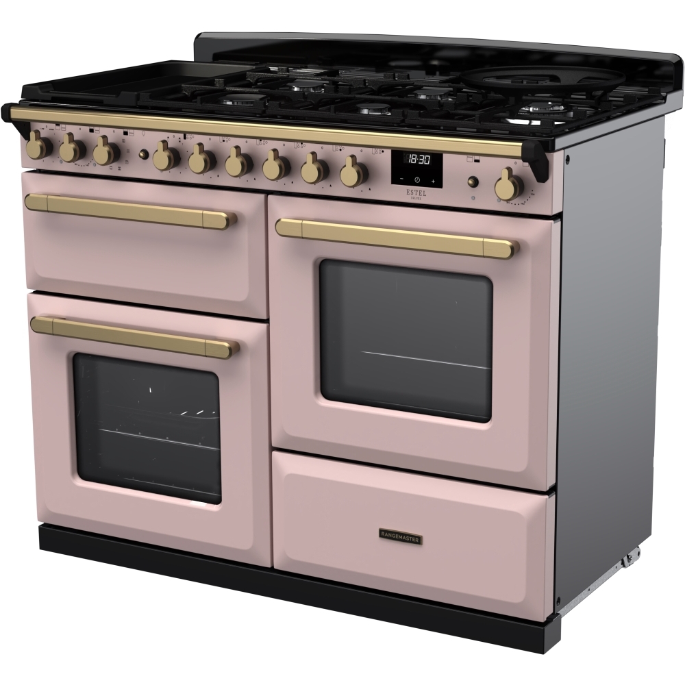 Rangemaster ESDLO110DFPPPK/AB1 110cm Dual Fuel Range Cooker Estel Deluxe Pale Pink / Antique Brass, A Rated
