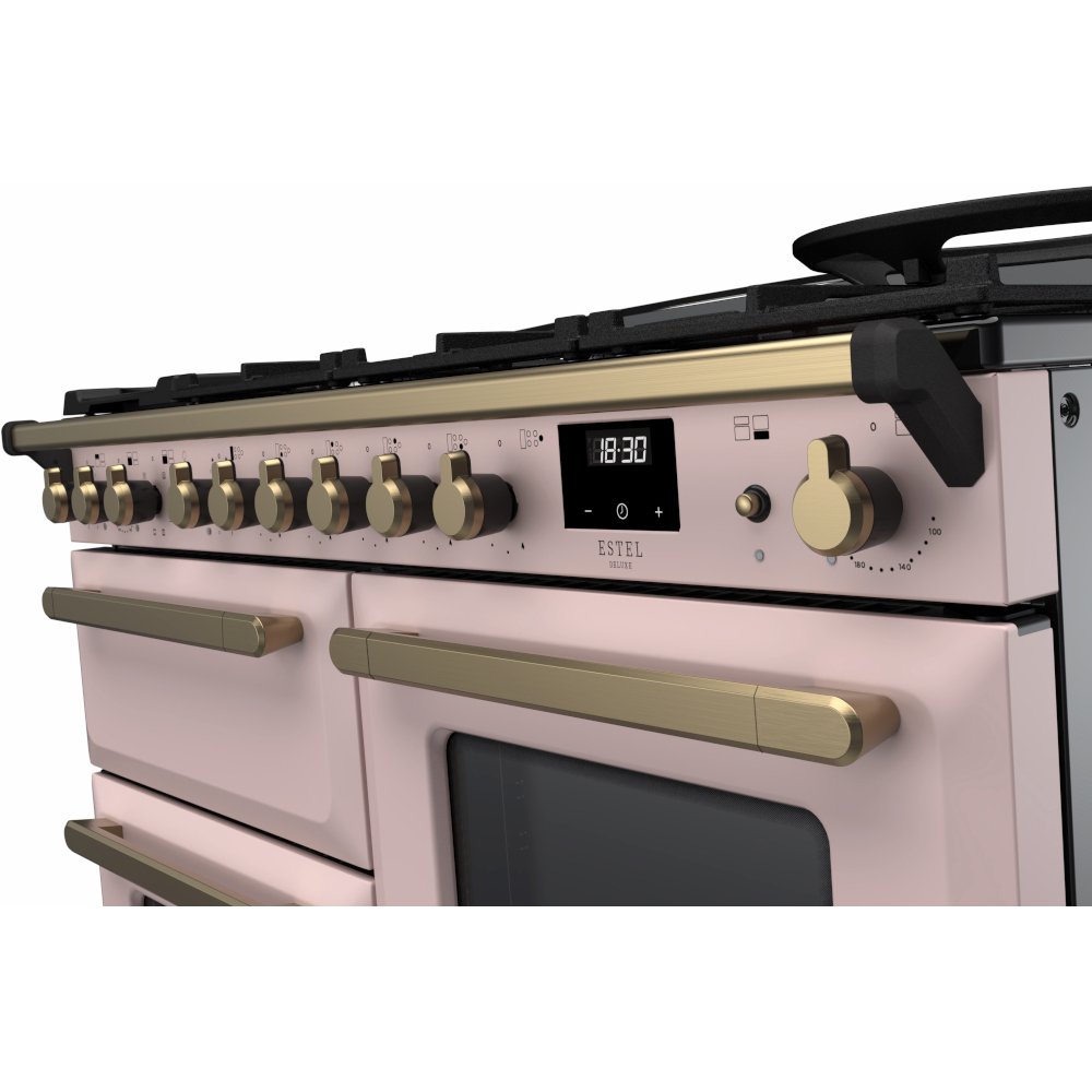 Rangemaster ESDLO110DFPPPK/AB1 110cm Dual Fuel Range Cooker Estel Deluxe Pale Pink / Antique Brass, A Rated
