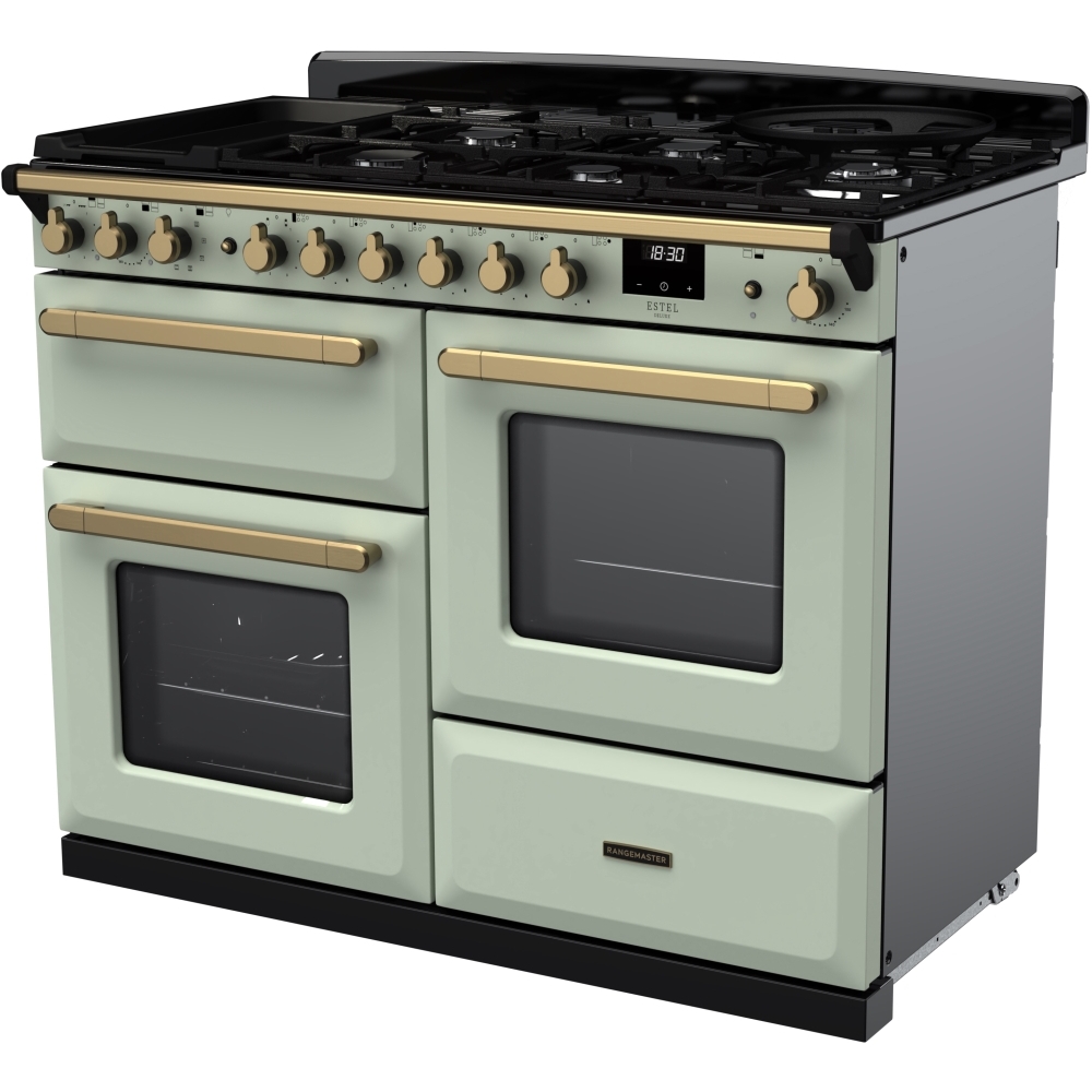 Rangemaster ESDLO110DFPMNT/AB1 110cm Dual Fuel Range Cooker Estel Deluxe Mint / Antique Brass, A Rated