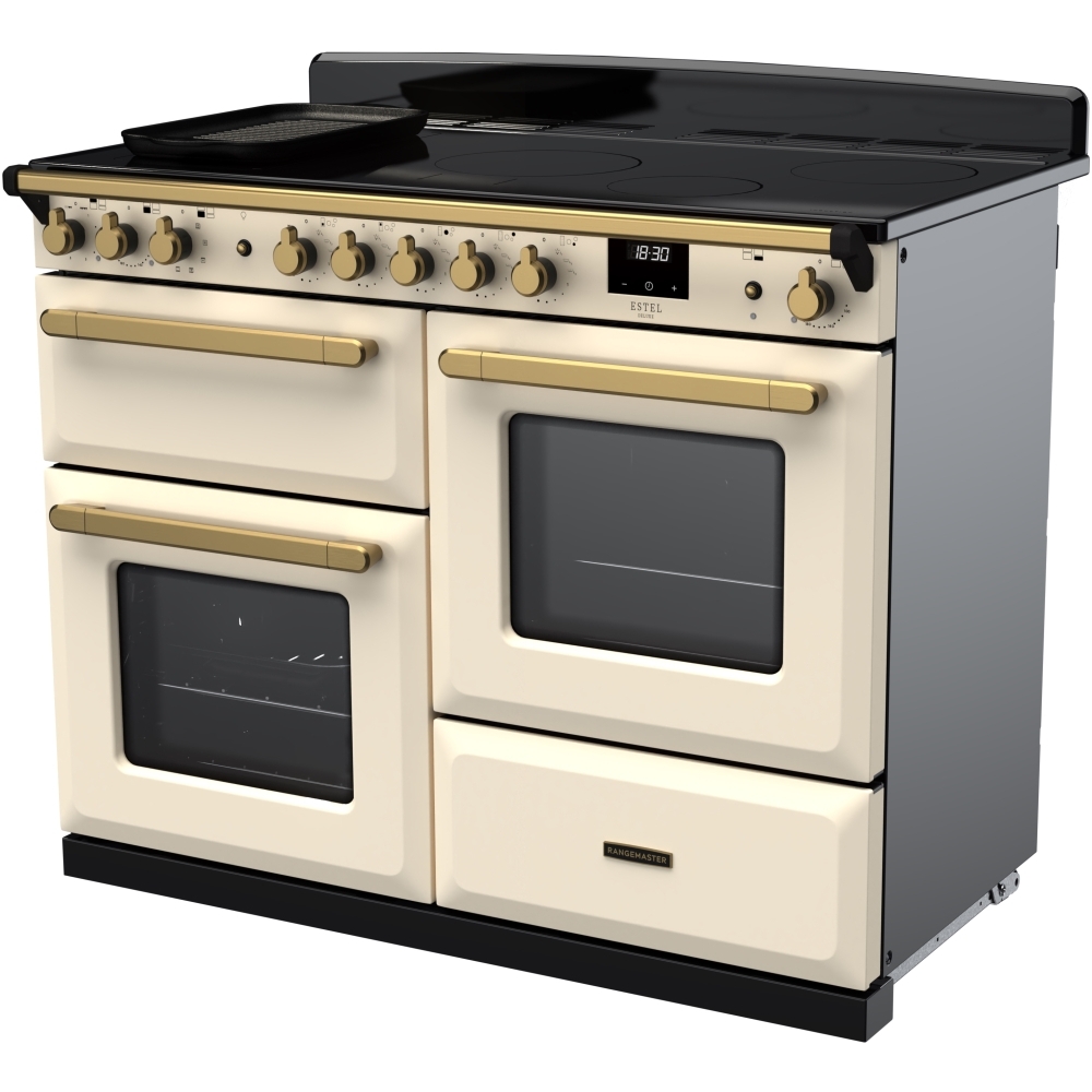 Rangemaster ESDLO110EIPPCR/AB1 110cm Induction Range Cooker Estel Deluxe Pale Cream / Antique Brass, A Rated