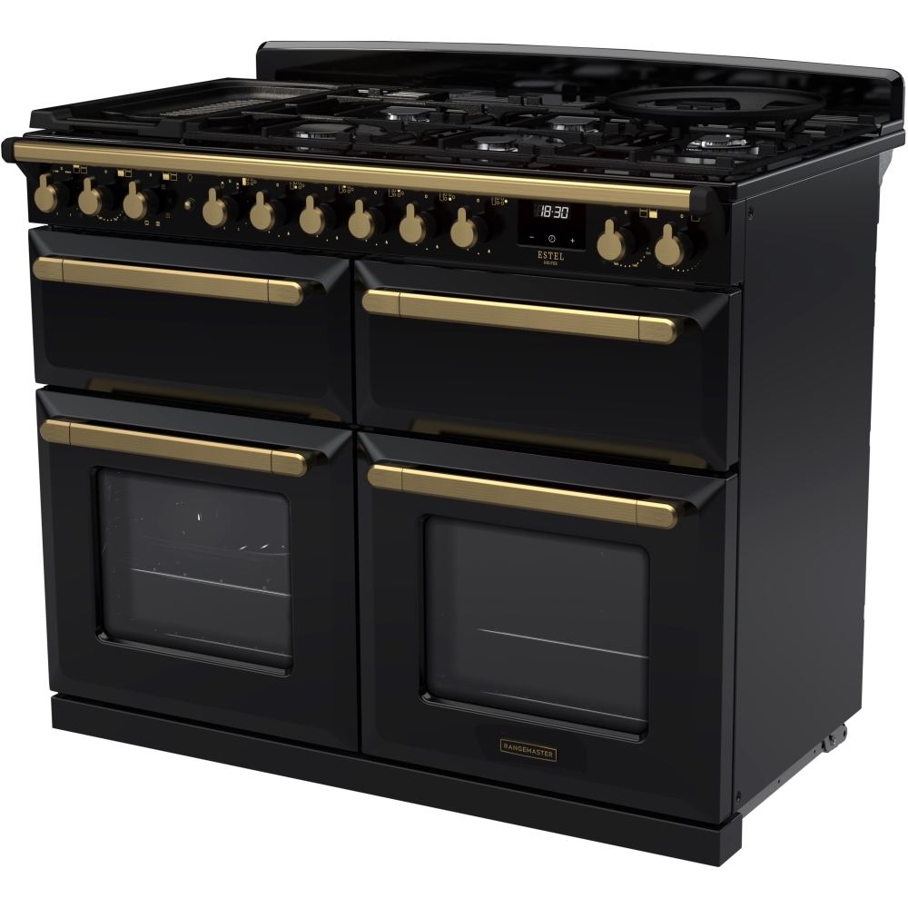 Rangemaster ESDLB110DFPGBL/AB1 110cm Dual Fuel Range Cooker Estel Deluxe Black / Antique Brass, A Rated