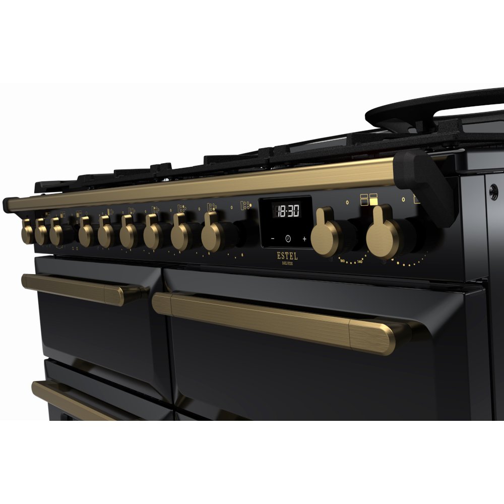 Rangemaster ESDLB110DFPGBL/AB1 110cm Dual Fuel Range Cooker Estel Deluxe Black / Antique Brass, A Rated