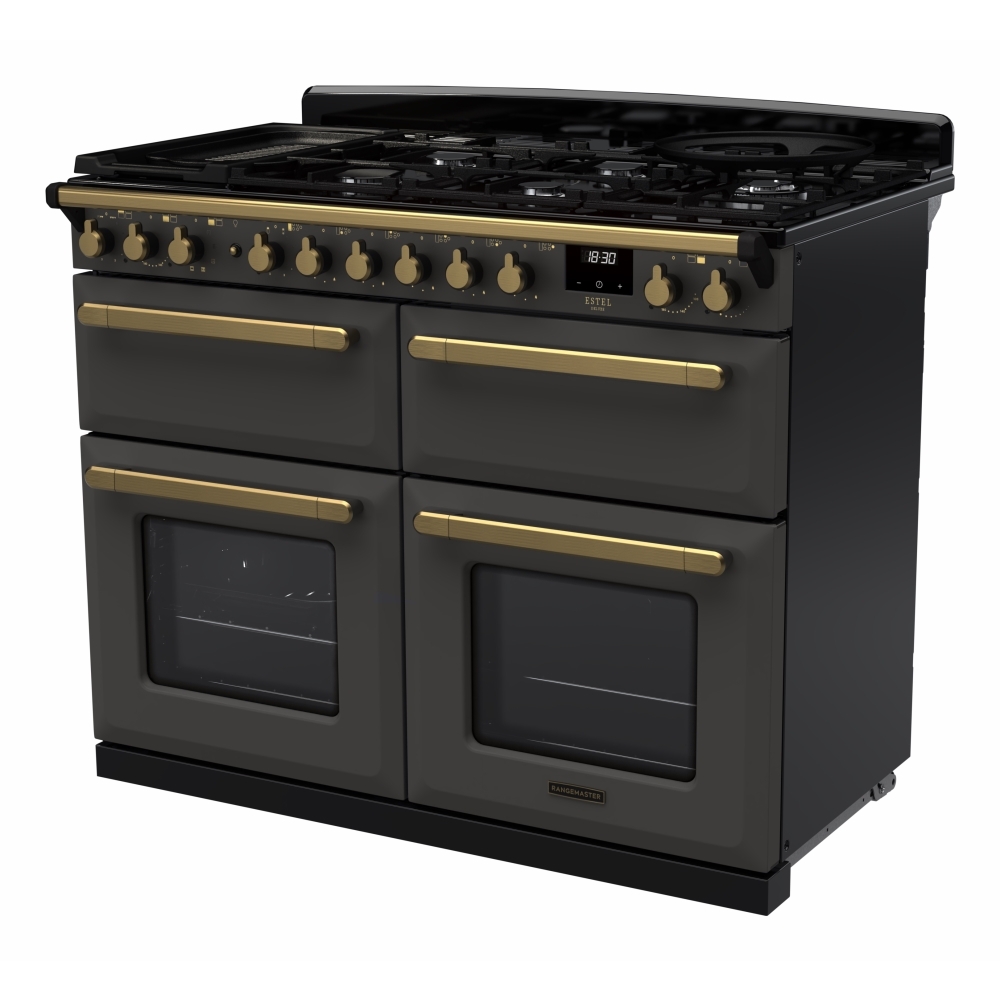 Rangemaster ESDLB110DFPSLT/AB1 110cm Dual Fuel Range Cooker Estel Deluxe Slate / Antique Brass, A Rated
