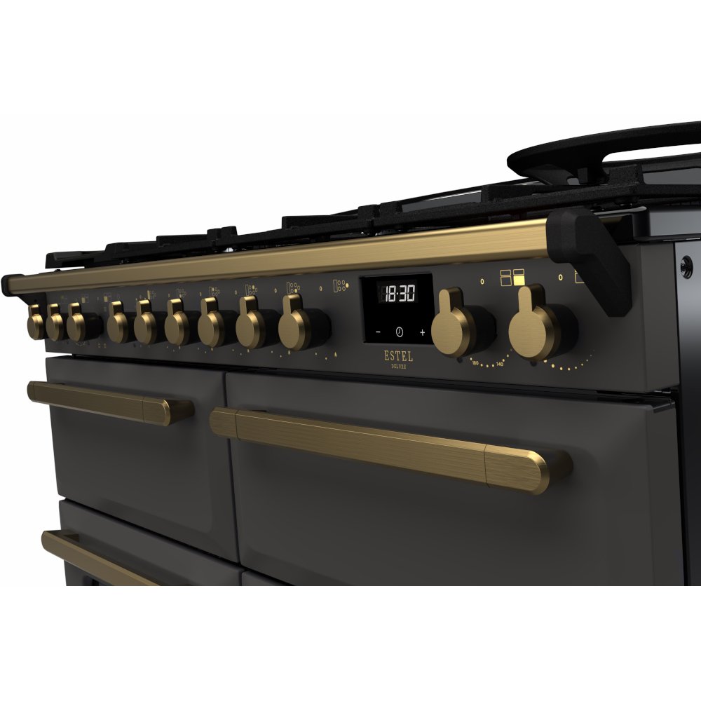 Rangemaster ESDLB110DFPSLT/AB1 110cm Dual Fuel Range Cooker Estel Deluxe Slate / Antique Brass, A Rated