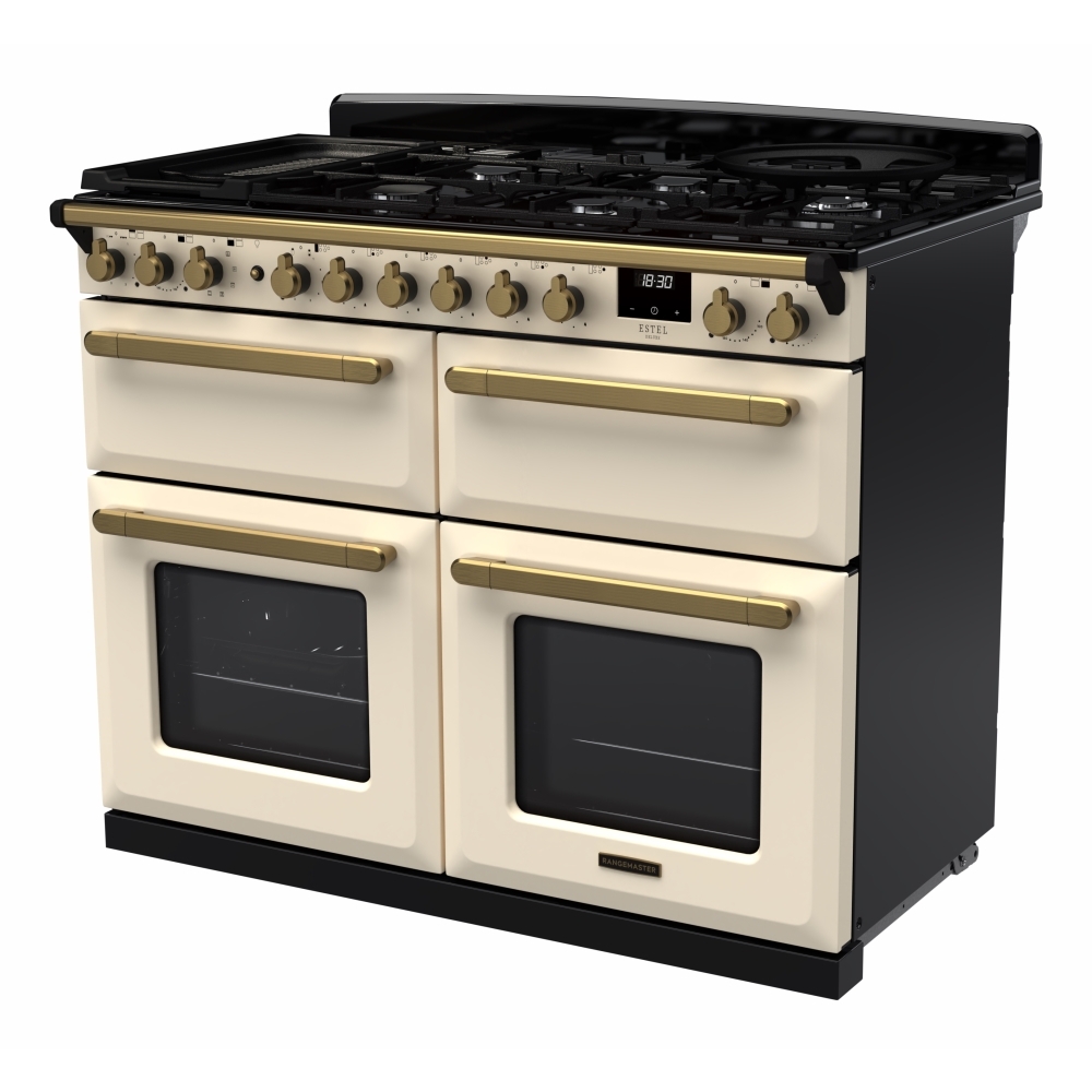 Rangemaster ESDLB110DFPPCR/AB1 110cm Dual Fuel Range Cooker Estel Deluxe Pale Cream / Antique Brass, A Rated