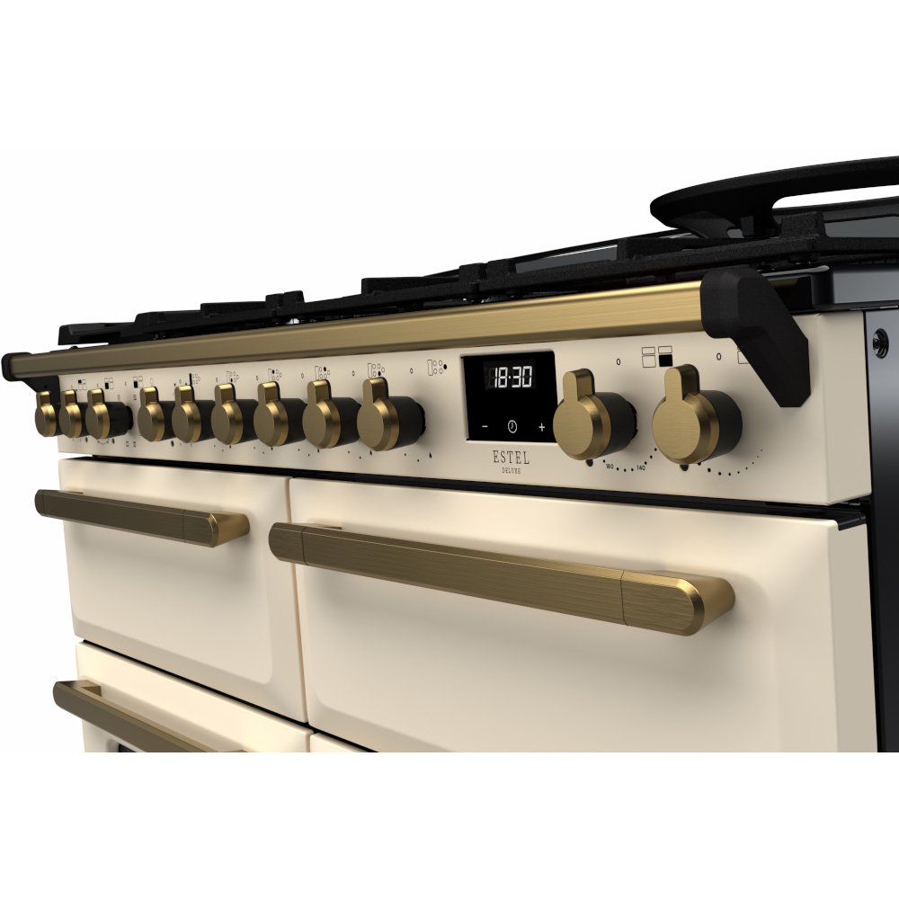 Rangemaster ESDLB110DFPPCR/AB1 110cm Dual Fuel Range Cooker Estel Deluxe Pale Cream / Antique Brass, A Rated
