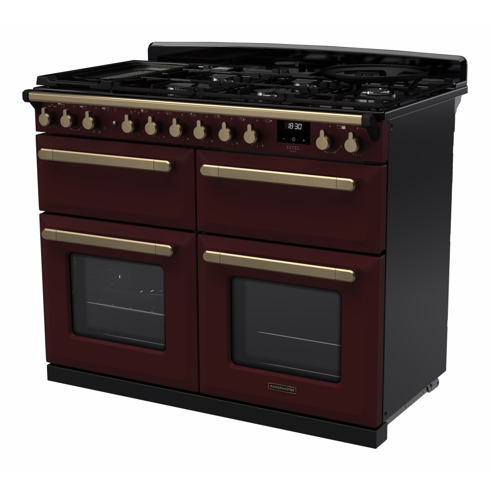 Rangemaster ESDLB110DFPBOR/AB1 110cm Dual Fuel Range Cooker Estel Deluxe Bordeaux / Antique Brass, A Rated