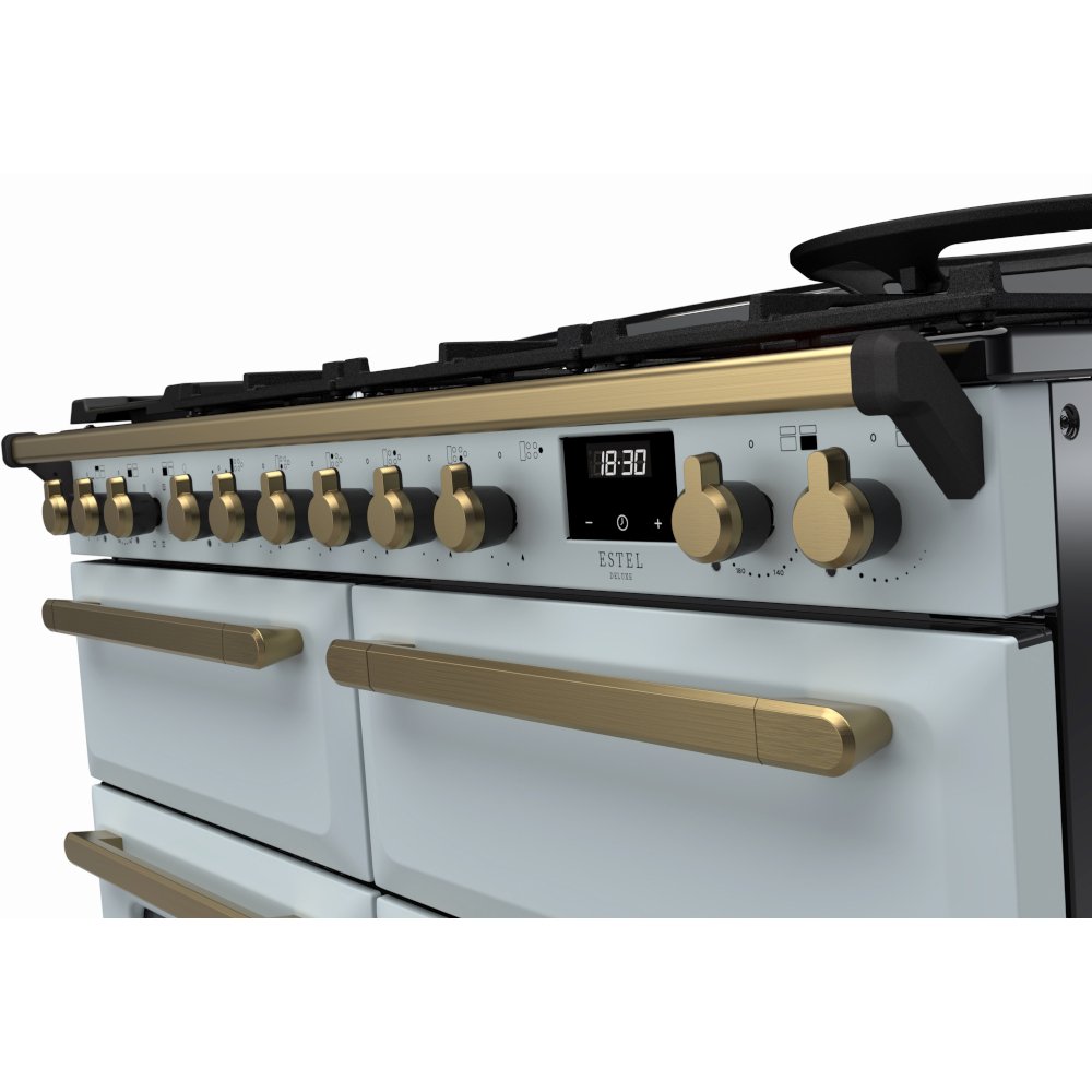 Rangemaster ESDLB110DFPMSB/AB1 110cm Dual Fuel Range Cooker Estel Deluxe Misty Blue / Antique Brass, A Rated