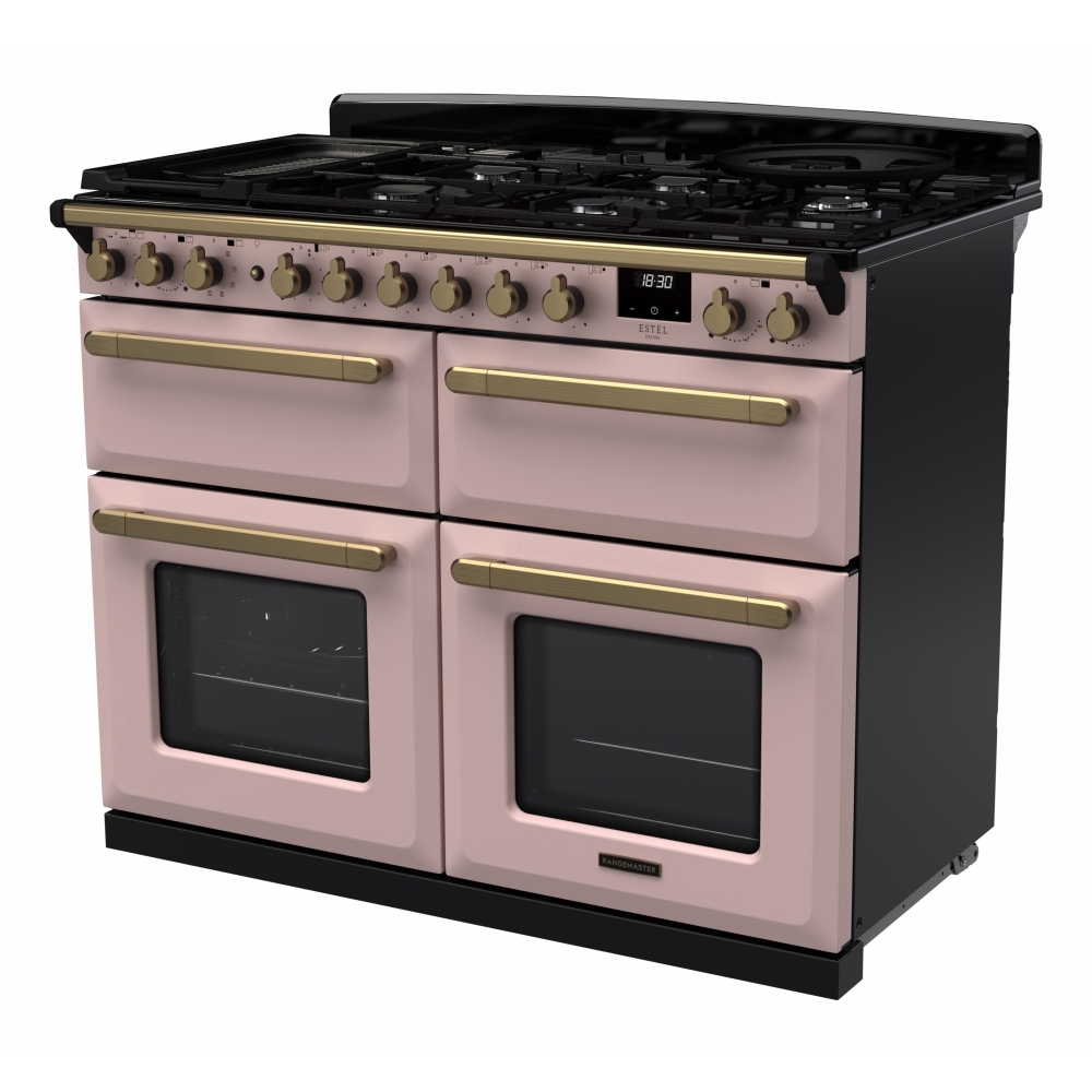 Rangemaster ESDLB110DFPPPK/AB1 110cm Dual Fuel Range Cooker Estel Deluxe Pale Pink / Antique Brass, A Rated