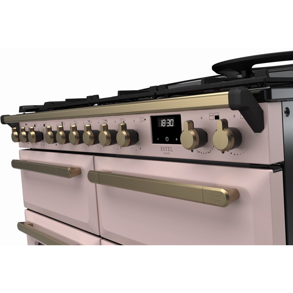 Rangemaster ESDLB110DFPPPK/AB1 110cm Dual Fuel Range Cooker Estel Deluxe Pale Pink / Antique Brass, A Rated