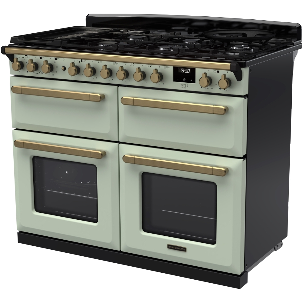 Rangemaster ESDLB110DFPMNT/AB1 110cm Dual Fuel Range Cooker Estel Deluxe Mint / Antique Brass, A Rated