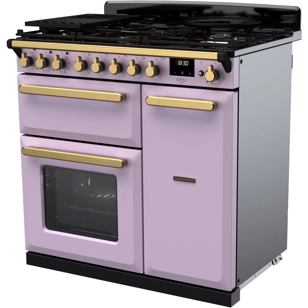 Rangemaster ESDL90DFPHTH/AB1 90cm Dual Fuel Range Cooker Estel Deluxe Heather / Antique Brass, A Rated