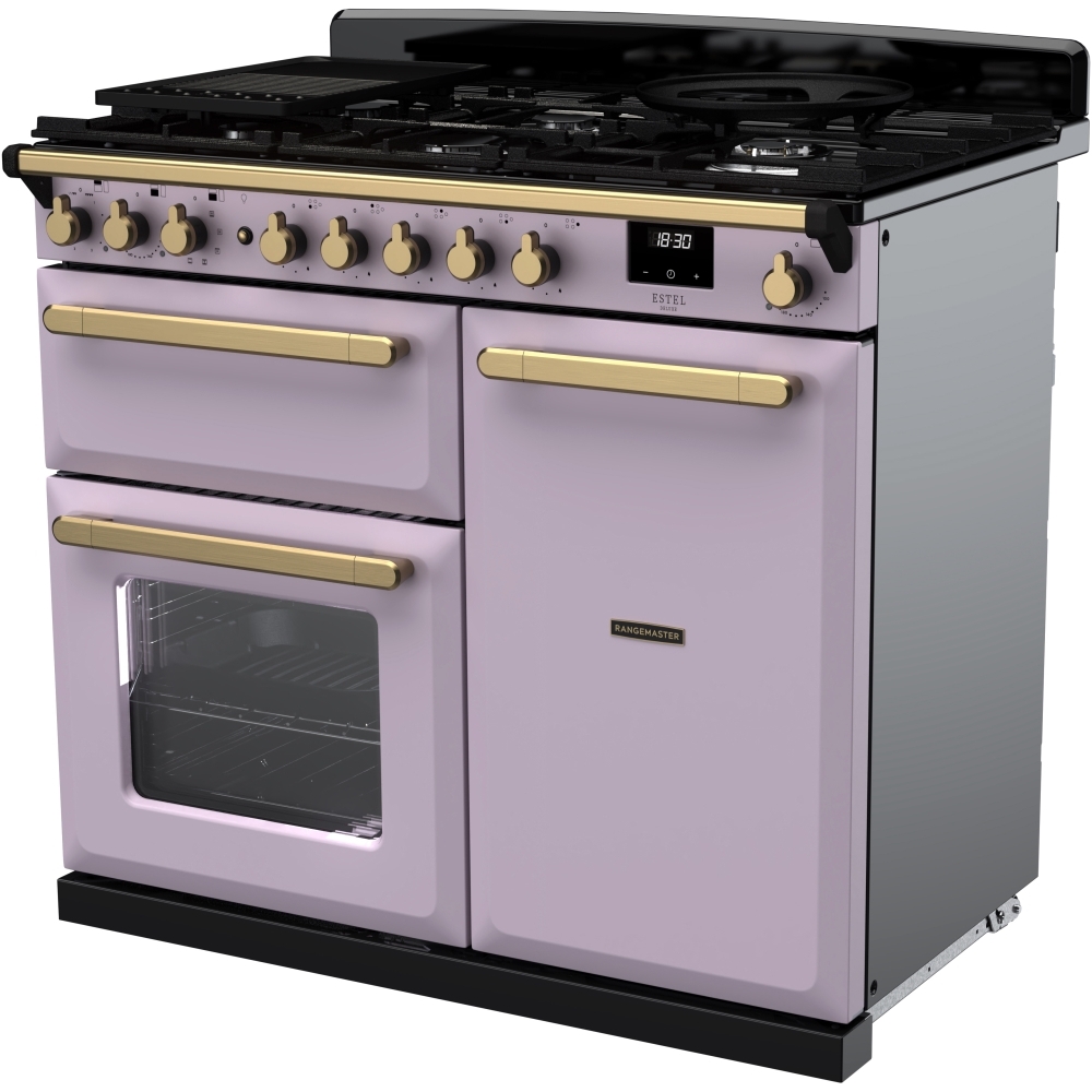 Rangemaster ESDL100DFPHTH/AB1 100cm Dual Fuel Range Cooker Estel Deluxe Heather / Antique Brass, A Rated