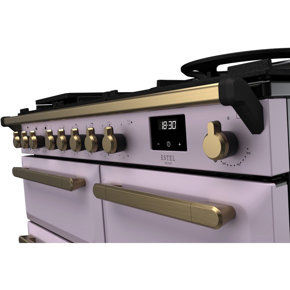 Rangemaster ESDL100DFPHTH/AB1 100cm Dual Fuel Range Cooker Estel Deluxe Heather / Antique Brass, A Rated