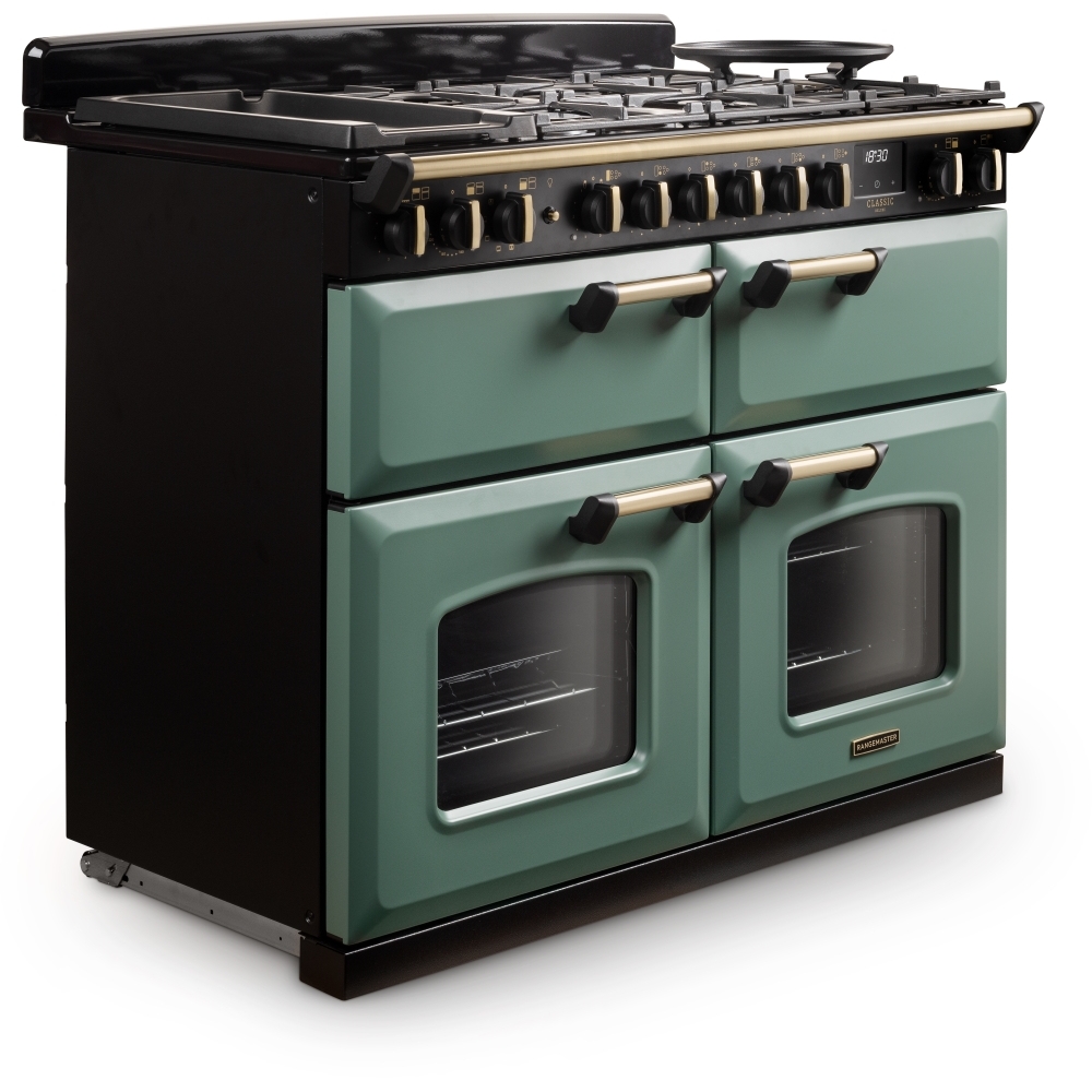 Rangemaster CLDLB110DFPMGR/AB1 110cm Dual Fuel Range Cooker Classic Deluxe Mineral Green / Antique Brass, A Rated