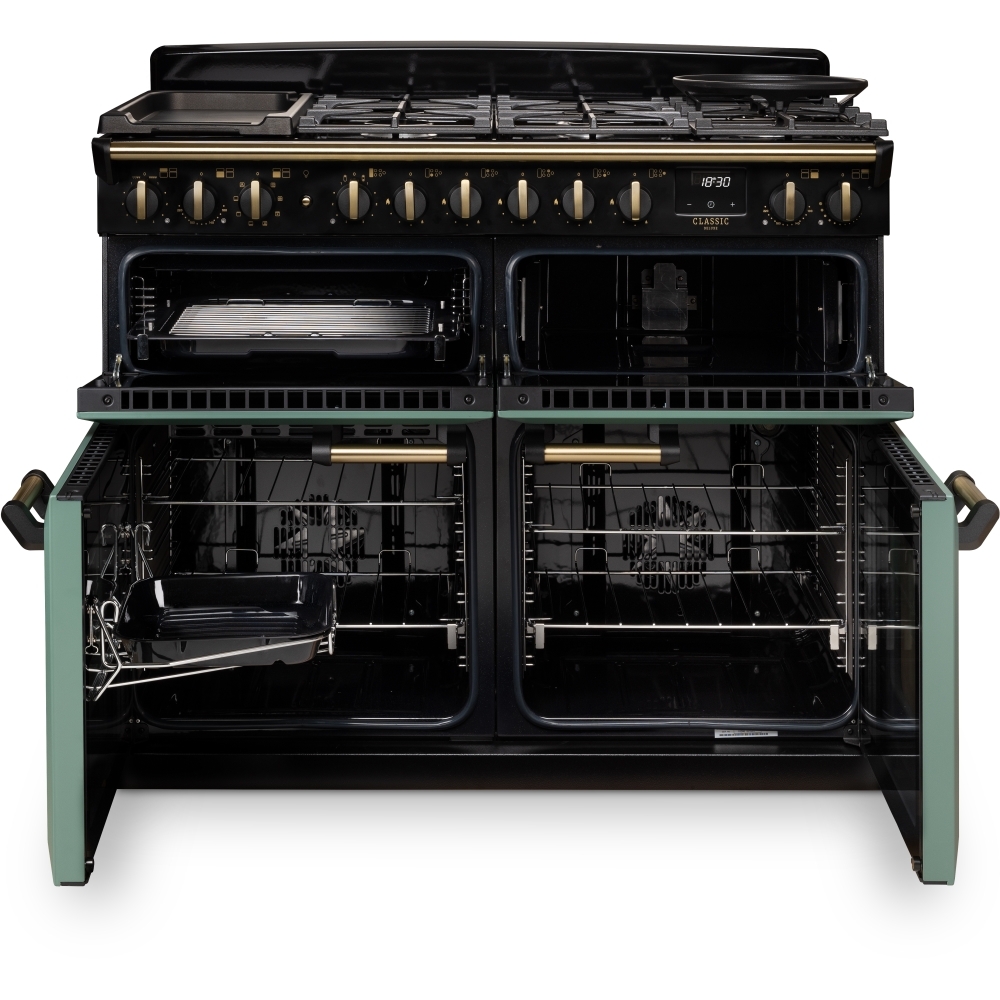 Rangemaster CLDLB110DFPMGR/AB1 110cm Dual Fuel Range Cooker Classic Deluxe Mineral Green / Antique Brass, A Rated