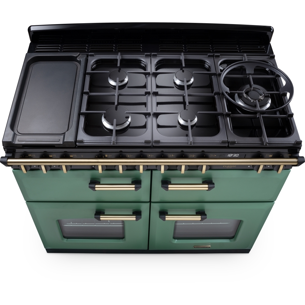 Rangemaster CLDLB110DFPMGR/AB1 110cm Dual Fuel Range Cooker Classic Deluxe Mineral Green / Antique Brass, A Rated