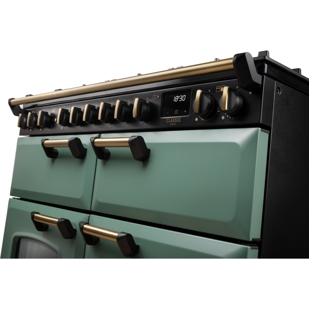 Rangemaster CLDLB110DFPMGR/AB1 110cm Dual Fuel Range Cooker Classic Deluxe Mineral Green / Antique Brass, A Rated