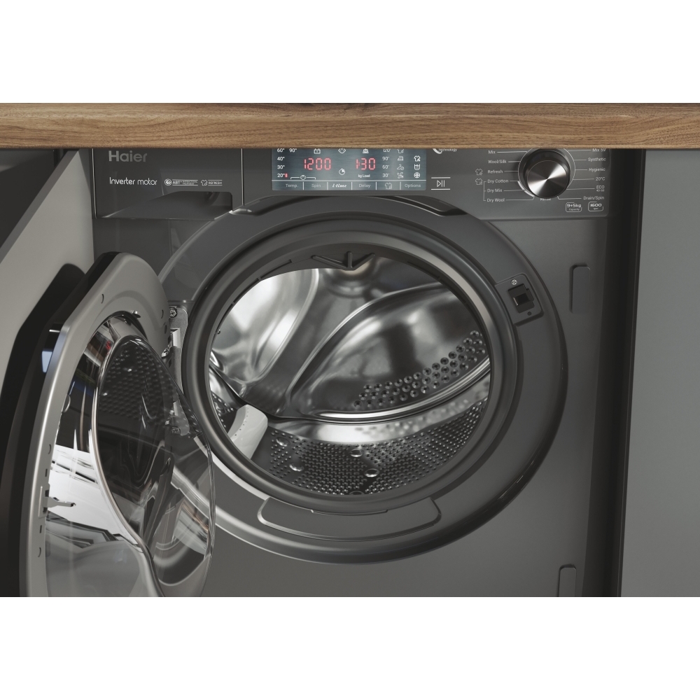 Haier HWDQ90B416FWBRUK Integrated Washer Dryer, 9kg/5kg, 1600 Spin, Grey, A Rated