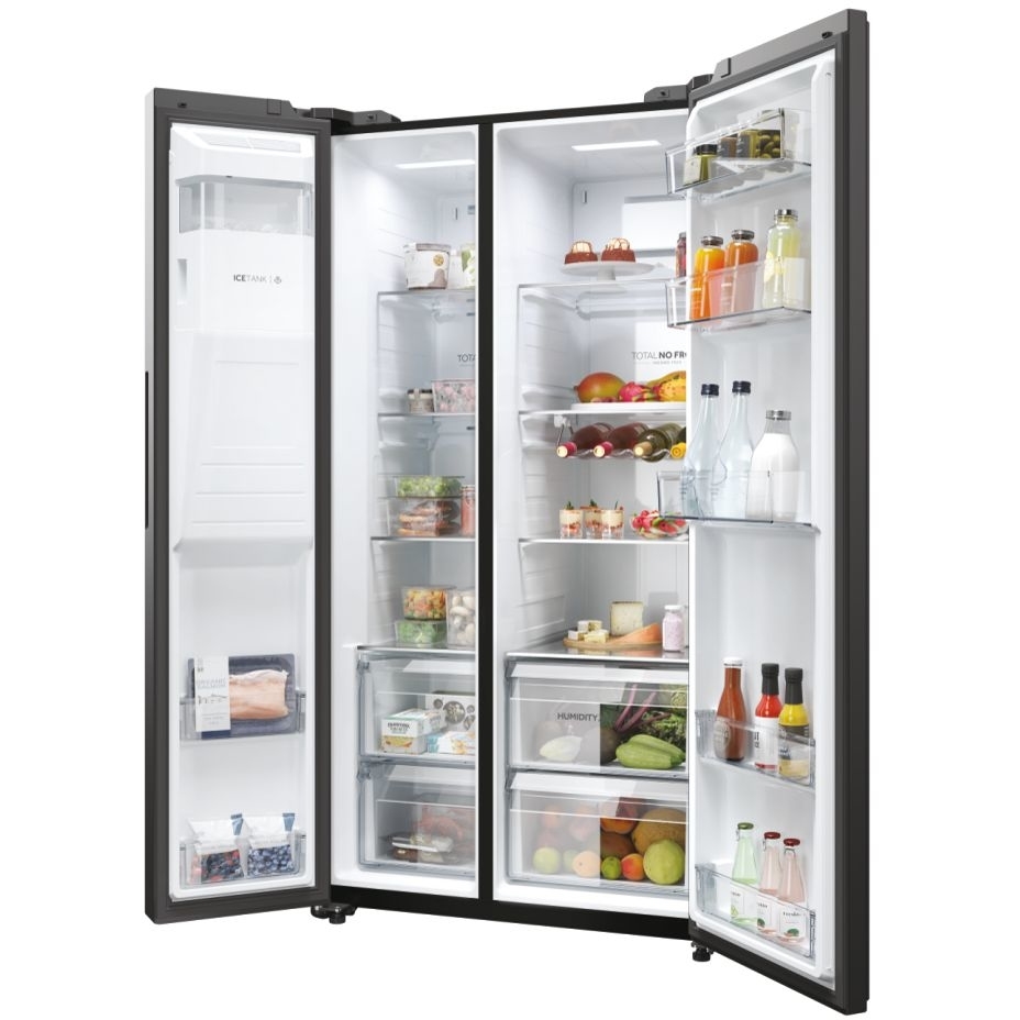 Haier HSW59F18EIPT American Fridge Freezer, Slate Black,  Plumbed, E Rated