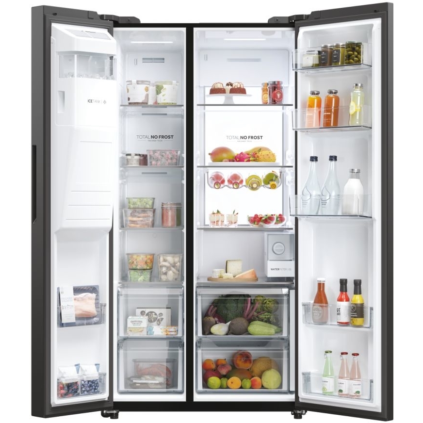 Haier HSW79F18DIPT American Fridge Freezer,  Plumbed, Black, D Rated