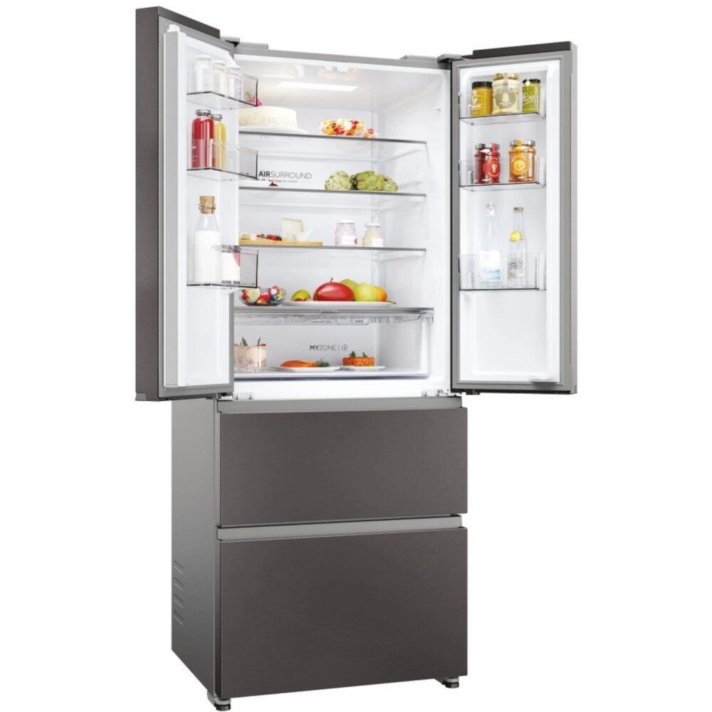 Haier HFR3718ENMD American Fridge Freezer, Grey, E Rated,  Non-Plumbed