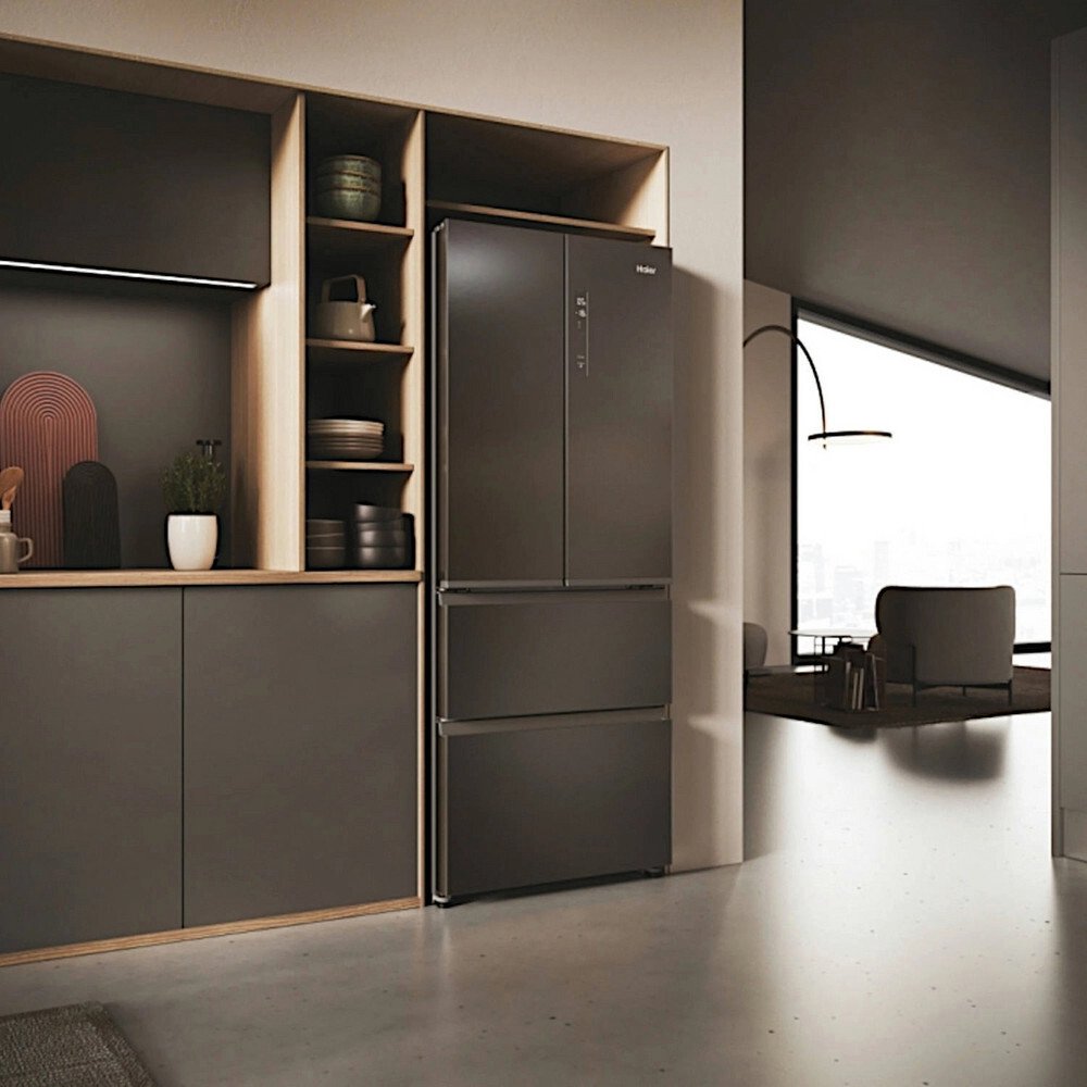 Haier HFR3718ENMD American Fridge Freezer, Grey, E Rated,  Non-Plumbed