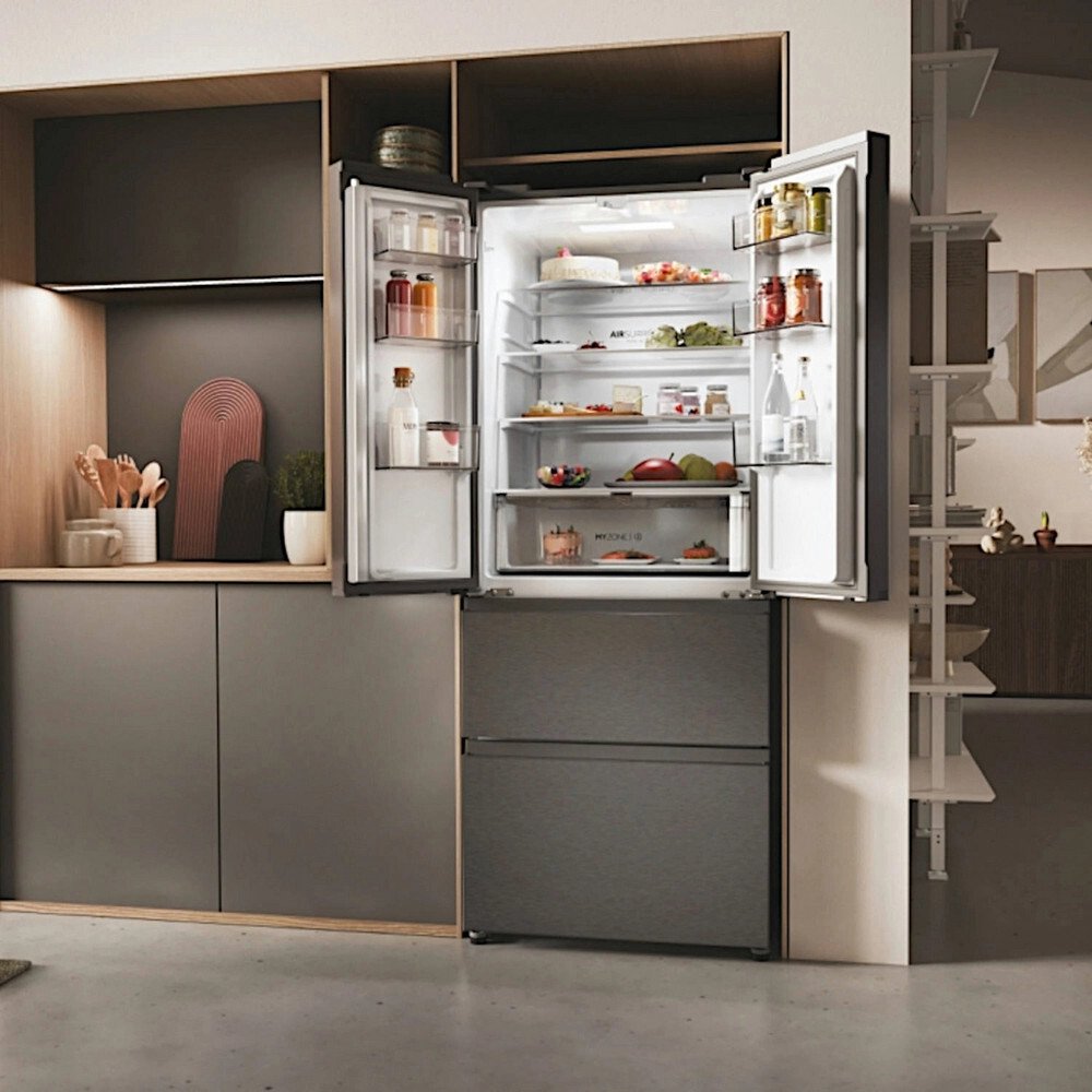 Haier HFR3718ENMD American Fridge Freezer, Grey, E Rated,  Non-Plumbed