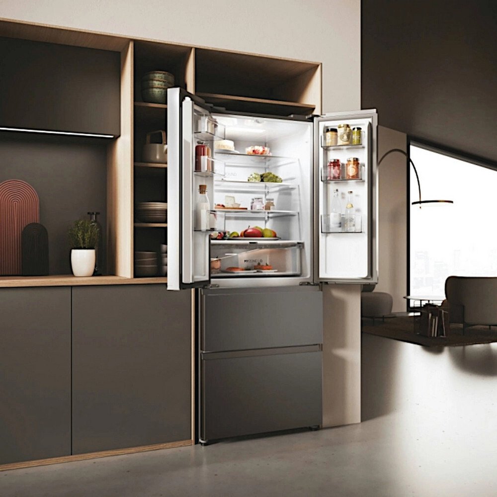 Haier HFR3718ENMD American Fridge Freezer, Grey, E Rated,  Non-Plumbed