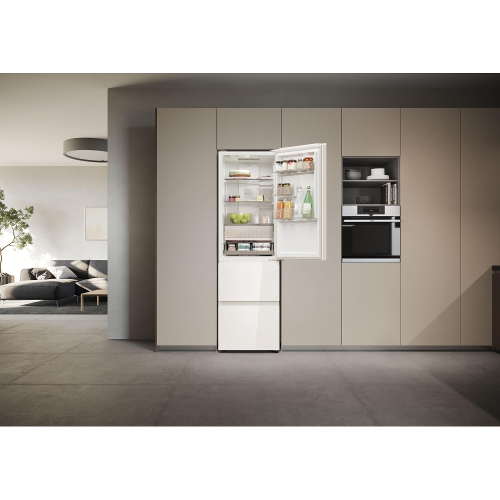 Haier HTR3518DNGWK No Frost Fridge Freezer, White Glass, 60/40, D Rated