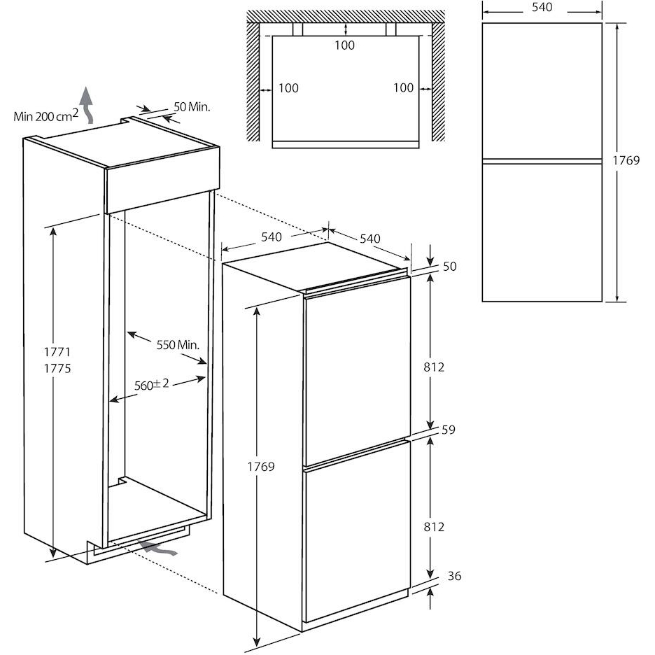 Candy CB50S518EK Static Integrated Fridge Freezer, Sliding Hinge, 50/50, White, E Rated