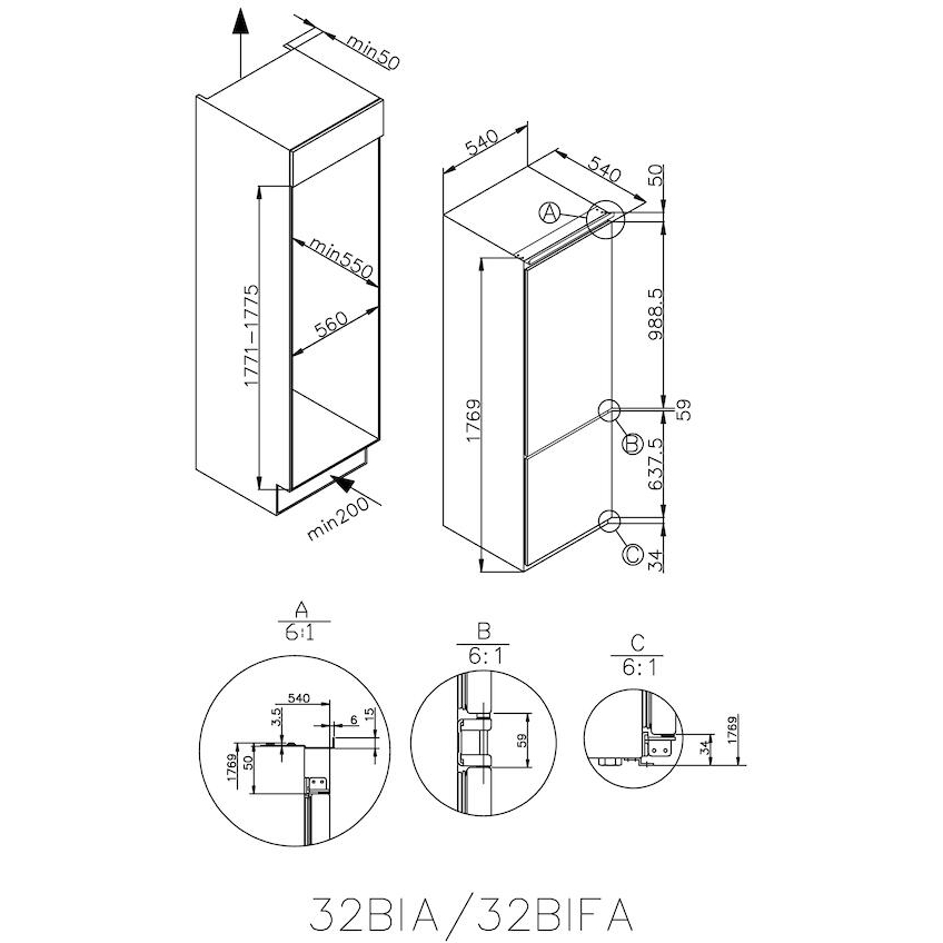 Candy CBBMT18EK Total No Frost Integrated Fridge Freezer, Sliding Hinge, 70/30, E Rated